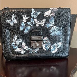 Longchamp Black Crossbody Bag with Blue Butterfly Design